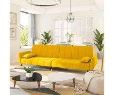 Dvivietė sofa-lova su dvejomis pagalvėmis, geltona, aksomas