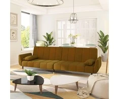 Dvivietė sofa-lova su dvejomis pagalvėmis, ruda, aksomas