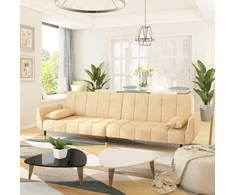 Dvivietė sofa-lova su dvejomis pagalvėmis, kreminė, aksomas