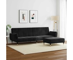 Dvivietė sofa-lova su pakoja, juodos spalvos, aksomas