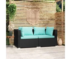 Dvivietė sofa su pagalvėlėmis, juodos spalvos, poliratanas