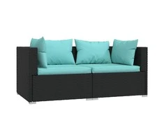 Dvivietė sofa su pagalvėlėmis, juodos spalvos, poliratanas