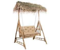 Dvivietės sūpynės su palmių lapais ir pagalve, 202cm, bambukas