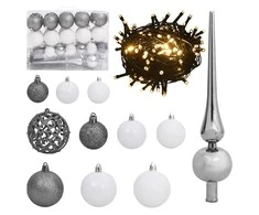 Eglutės žaisliukų rinkinys su viršūne ir 150 LED, 61 dalis