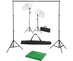 Fotostudijos komplektas su fonu, šviestuvais ir skėčiais