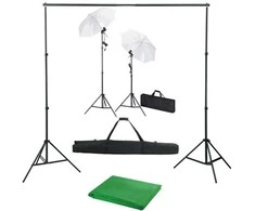 Fotostudijos komplektas su fonu, šviestuvais ir skėčiais