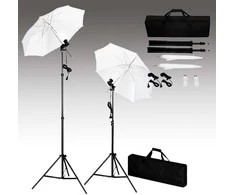 Fotostudijos komplektas su fonu, šviestuvais ir skėčiais