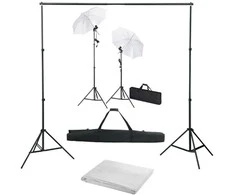 Fotostudijos komplektas su fonu, šviestuvais ir skėčiais