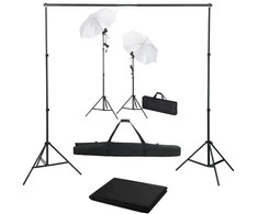 Fotostudijos komplektas su fonu, šviestuvais ir skėčiais