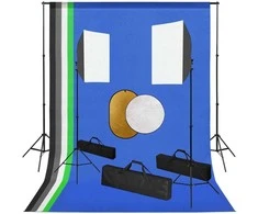 Fotostudijos komplektas su šviestuvais, fonu ir reflektoriumi