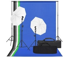 Fotostudijos rinkinys su apšvietimo rinkiniu ir fonu