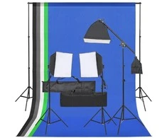 Fotostudijos rinkinys su apšvietimo rinkiniu ir fonu