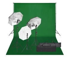 Fotostudijos rinkinys su apšvietimo rinkiniu ir fonu