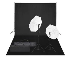 Fotostudijos rinkinys su apšvietimo rinkiniu ir fonu