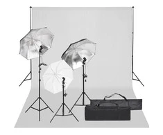 Fotostudijos rinkinys su apšvietimo rinkiniu ir fonu
