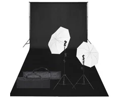 Fotostudijos rinkinys su apšvietimo rinkiniu ir fonu