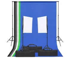 Fotostudijos rinkinys su apšvietimo rinkiniu ir fonu
