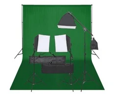 Fotostudijos rinkinys su apšvietimo rinkiniu ir fonu
