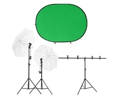 Fotostudijos rinkinys su apšvietimo rinkiniu ir fonu