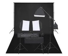 Fotostudijos rinkinys su apšvietimo rinkiniu ir fonu