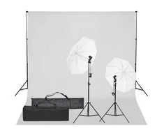 Fotostudijos rinkinys su apšvietimo rinkiniu ir fonu