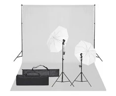 Fotostudijos rinkinys su apšvietimo rinkiniu ir fonu