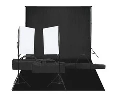 Fotostudijos rinkinys su apšvietimo rinkiniu ir fonu