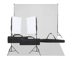 Fotostudijos rinkinys su apšvietimo rinkiniu ir fonu