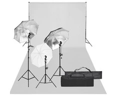 Fotostudijos rinkinys su apšvietimo rinkiniu ir fonu