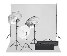 Fotostudijos rinkinys su apšvietimo rinkiniu ir fonu