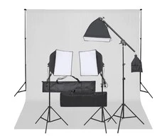 Fotostudijos rinkinys su apšvietimo rinkiniu ir fonu