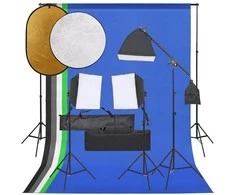 Fotostudijos rinkinys su šviestuvais, fonu ir reflektoriumi