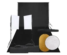 Fotostudijos rinkinys su šviestuvais, fonu ir reflektoriumi