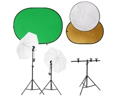 Fotostudijos rinkinys su šviestuvais, fonu ir reflektoriumi