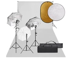 Fotostudijos rinkinys su šviestuvais, fonu ir reflektoriumi