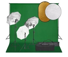 Fotostudijos rinkinys su šviestuvais, fonu ir reflektoriumi