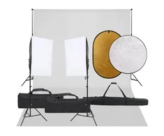 Fotostudijos rinkinys su šviestuvais, fonu ir reflektoriumi