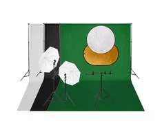 Fotostudijos rinkinys su šviestuvais, fonu ir reflektoriumi