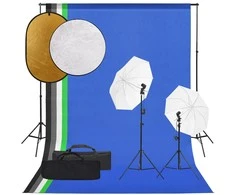 Fotostudijos rinkinys su šviestuvais, fonu ir reflektoriumi