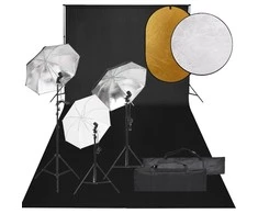 Fotostudijos rinkinys su šviestuvais, fonu ir reflektoriumi