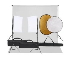 Fotostudijos rinkinys su šviestuvais, fonu ir reflektoriumi