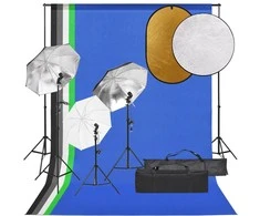 Fotostudijos rinkinys su šviestuvais, fonu ir reflektoriumi