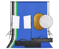 Fotostudijos rinkinys su šviestuvais, fonu ir reflektoriumi