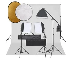 Fotostudijos rinkinys su šviestuvais, fonu ir reflektoriumi