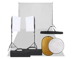 Fotostudijos rinkinys su šviestuvais, fonu ir reflektoriumi