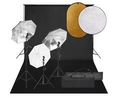 Fotostudijos rinkinys su šviestuvais, fonu ir reflektoriumi
