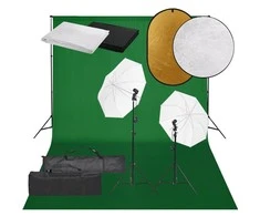 Fotostudijos rinkinys su šviestuvais, fonu ir reflektoriumi