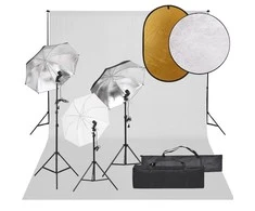 Fotostudijos rinkinys su šviestuvais, fonu ir reflektoriumi