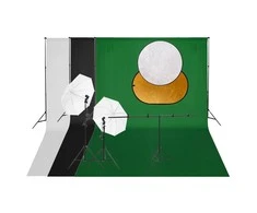 Fotostudijos rinkinys su šviestuvais, fonu ir reflektoriumi
