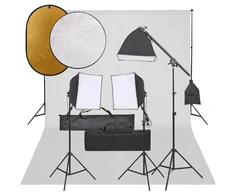 Fotostudijos rinkinys su šviestuvais, fonu ir reflektoriumi